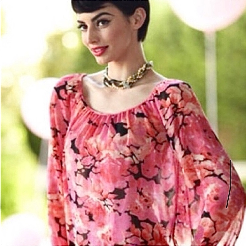 CAbi Vibrant Pink and Black Floral Blouse